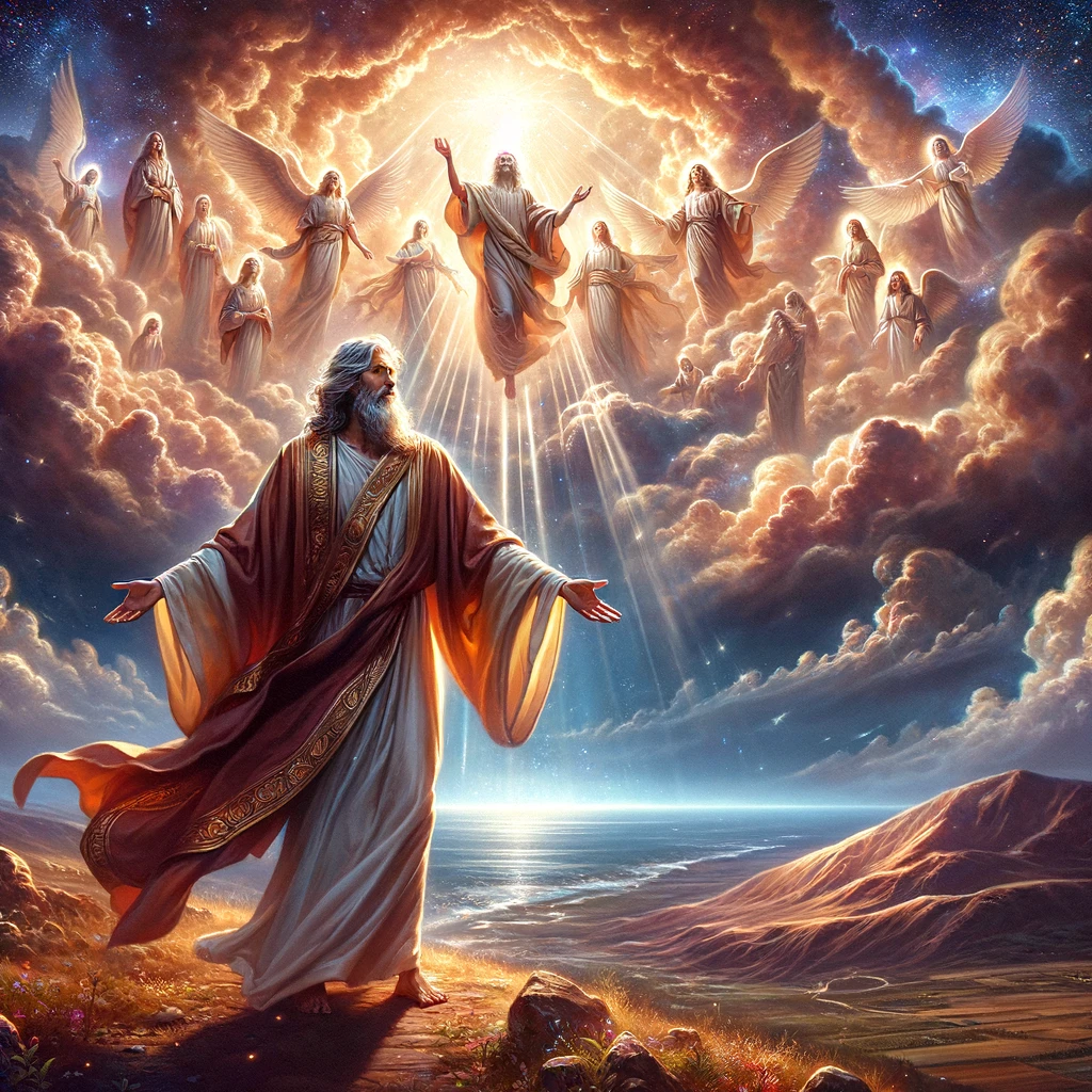 A majestic illustration depicting the biblical figure Enoch ascending to the heavens. In the foreground, Enoch stands with outstretched arms