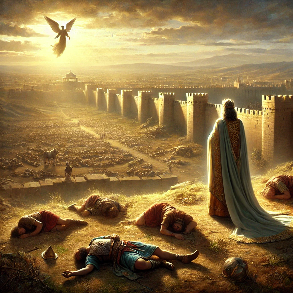 King Hezakiah overlooking a field of dead Assyrian A painting of a person in a robe and a long robe lying on the ground with a large stone wall and a large bird flying over it